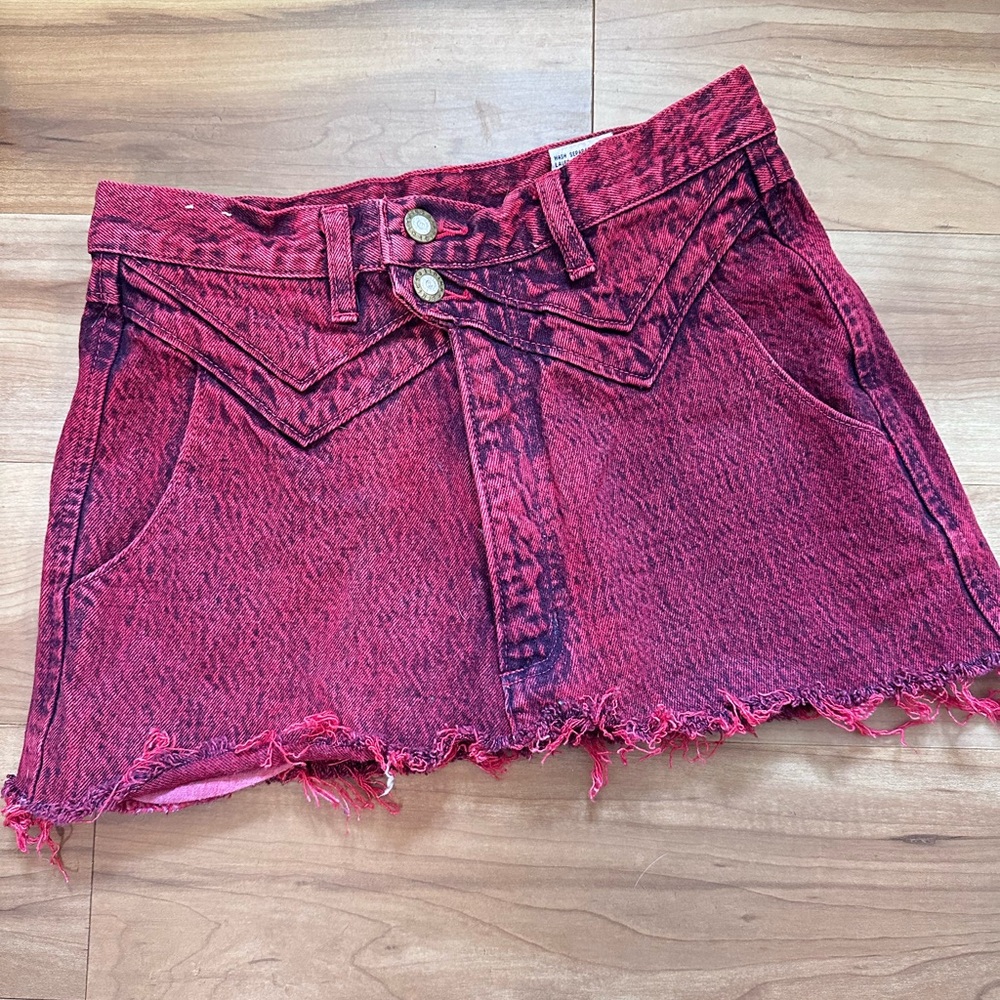 Vintage 80s Red Acid Wash OOAK Custom Distressed Denim Mini Skirt